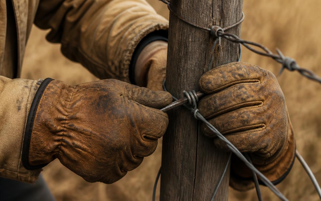 Gloved hands repairing a barbed wire fence post